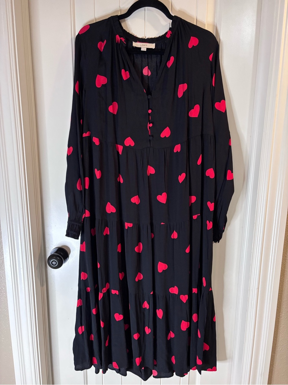 LOFT Black Midi Dress with Red Heart Print